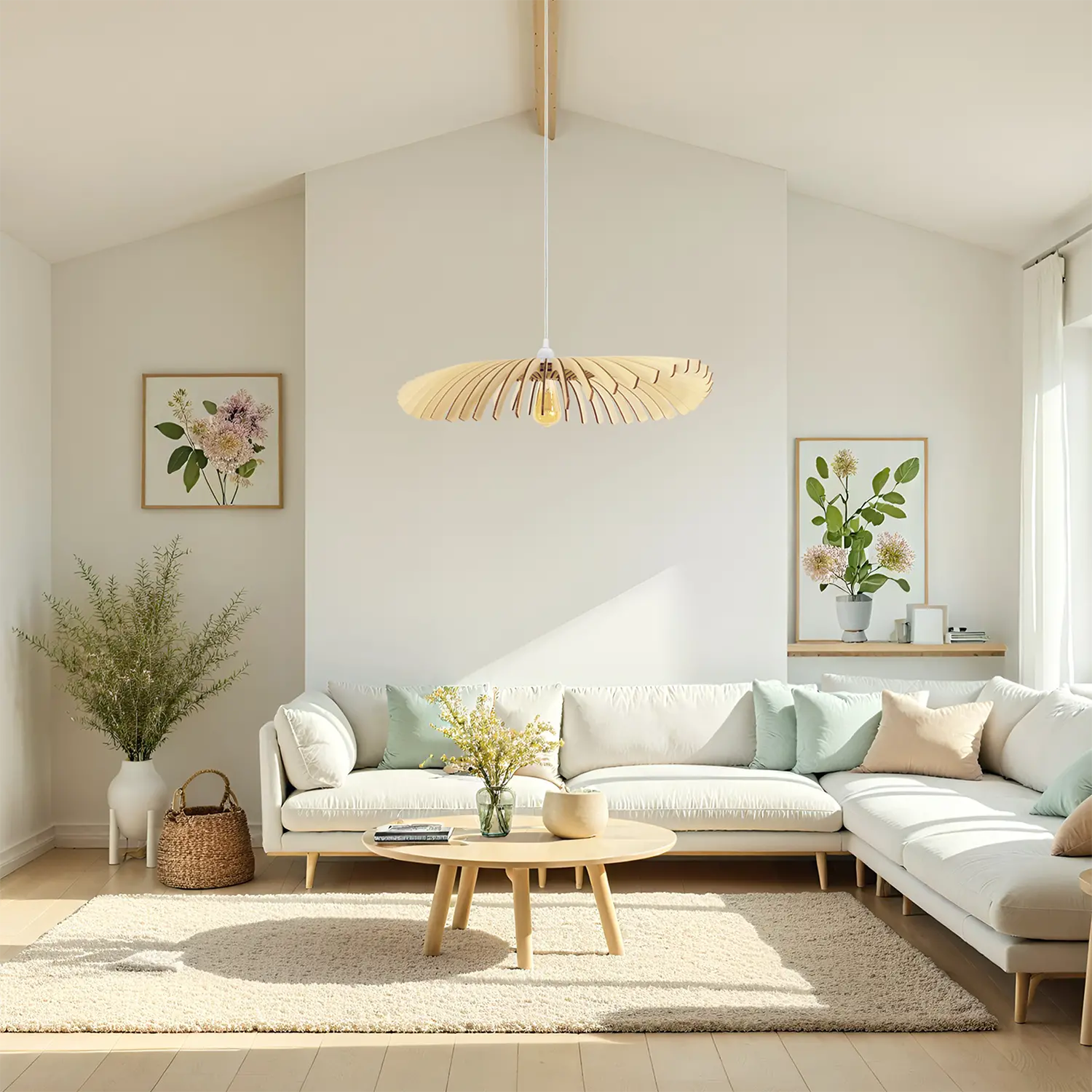 A renovated living room with wooden flooring and modern decorative elements in a grey, European-inspired style. The furniture and lighting are designed by French and American designers.
